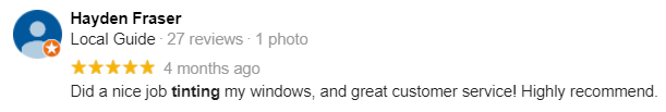 Hayden Fraser Window Tinting Review